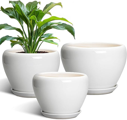 10+8+6 Inch Ceramic Planter, Ceramic Pots for Plants Indoor Outdoor, Round Plant Pots with Drainage Holes and Saucers, Modern Planter, Home Decor, Gardening Gifts for Women, Set of 3, White