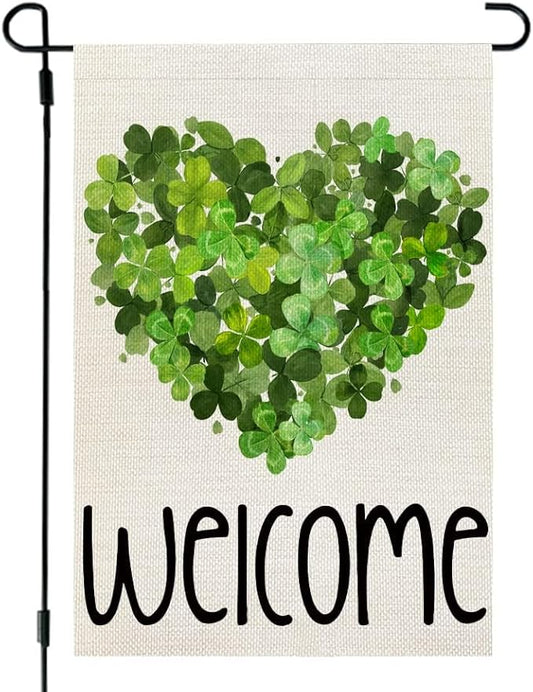 CROWNED BEAUTY St Patricks Day Garden Flag Shamrocks Heart 12x18 Inch Double Sided for Outside Green Small Burlap Welcome Holiday Yard Decoration