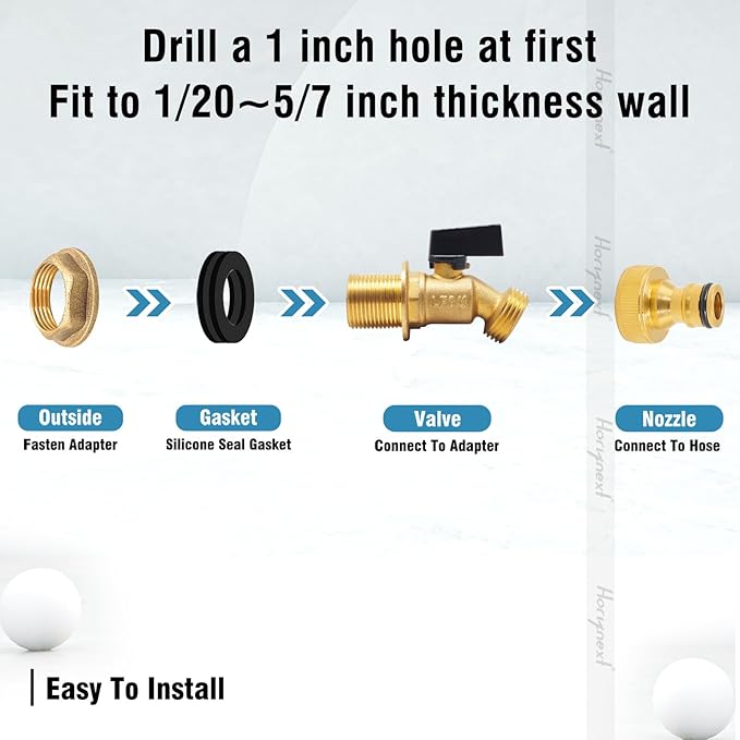 spigot for rain barrel parts kit, brass water barrel spigots accessories for 55 gallon bucket, garden hose connector adapter bulkhead fitting, 1-1/4 inch O.D. thread 5/8 inch barb O.D.