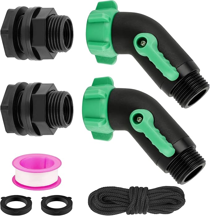 2 Pack Rain Barrel Spigot Kit, 45 Degree 3/4" GHT Heavy Duty Plastic Water Hose Shut Off Valve with Bulkhead Fitting, Garden Hose Shut Off Valve with 4 Gasket, 2 Traction Rope and Tape