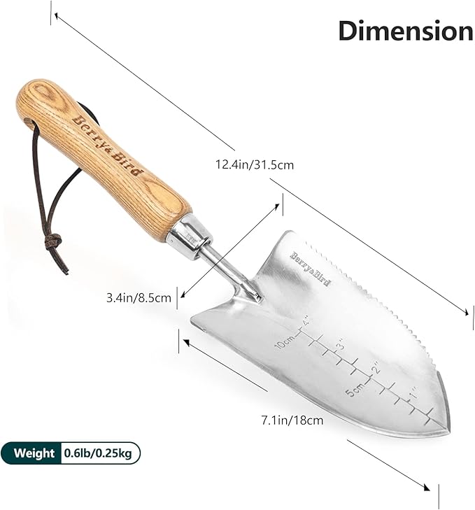 Berry&Bird Garden Serrated Planting Trowel, Multifunctional Shovel with ash Wood and Stainless Steel Digging Trowel Transplanter