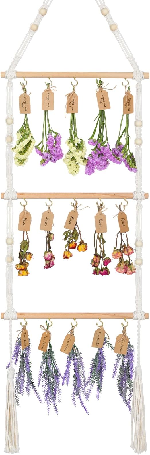 3-Tier Hanging Herb Drying Rack – Includes 30 Brown Gift Tags & 32ft Natural Jute Twine – Handwoven Boho Style Plant Hanger for Drying Herbs, Flowers, Sage – 47" Tall, Home Décor & Gift Idea
