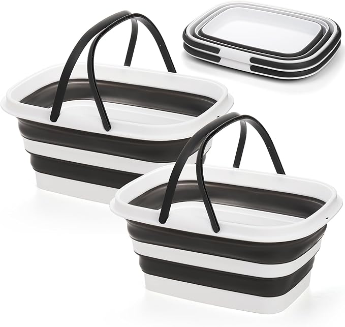 2 Pack Collapsible Tub with Handle, Rectangular Handy Basket/Bucket, 8.5L Portable Outdoor Picnic Basket/Crater, Foldable Camping Sink, Wash Basin for Washing Dishes, Hiking and Home