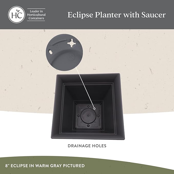 The HC Companies 12 Inch Eclipse Square Planter Pots with Drainage Holes & Attached Saucer, Lightweight UV-Resistant Plastic Indoor Outdoor Planters, 2-Pack Flower Pots, Garden Home Decor, Cappuccino
