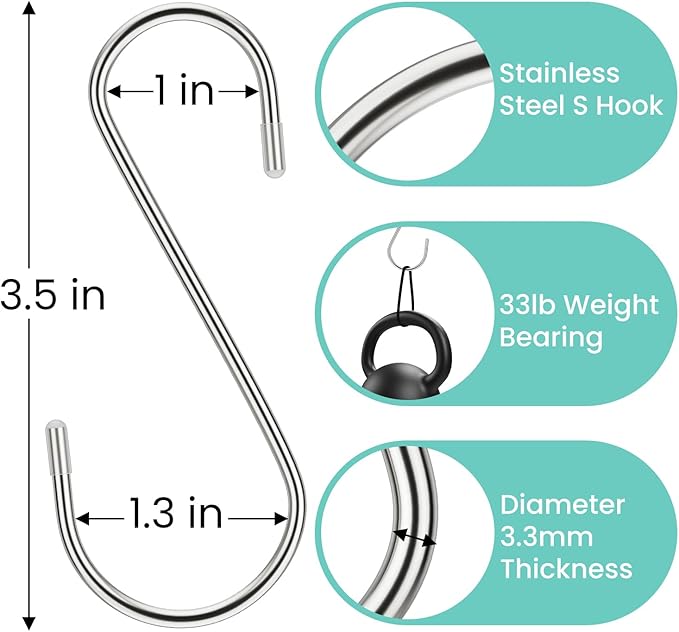 3.54 Inch 30 Pack S Hooks - Stainless Steel Heavy Duty with Rubber Stopper, Small S Hooks for Hanging Plants, Baskets, Clothes, Pan, Cups, Towels (Silver)