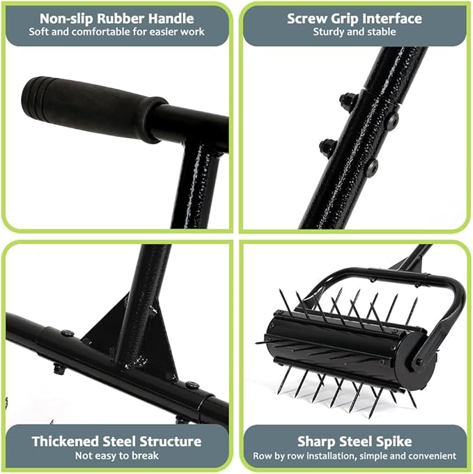 KELIXU Lawn Aerator Tool, 17” Manual Lawn Aerators Roller, Heavy Duty Rolling Lawn Air Aerator Tool with Spike Row, 58.5” H Grass Lawn Aeration Tool, Yard Tools for Garden, Cropland to Loose Soil
