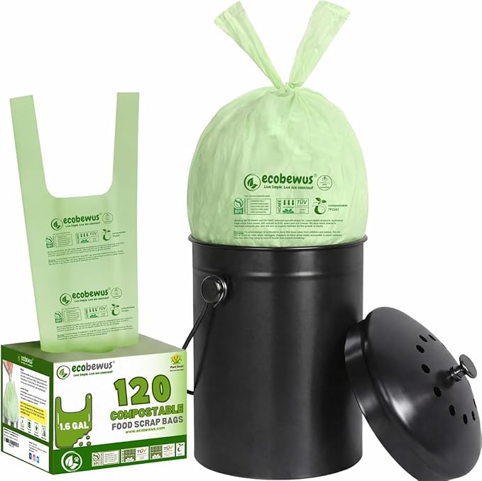 1.6 Gallon 100% Compostable Food Scrap Bags Handle Tie (120 Bags) Small Trash Bags Kitchen Garbage Bags US BPI Certified TUV OK Compost Home Certified Meeting ASTM D6400 (120 ct.)