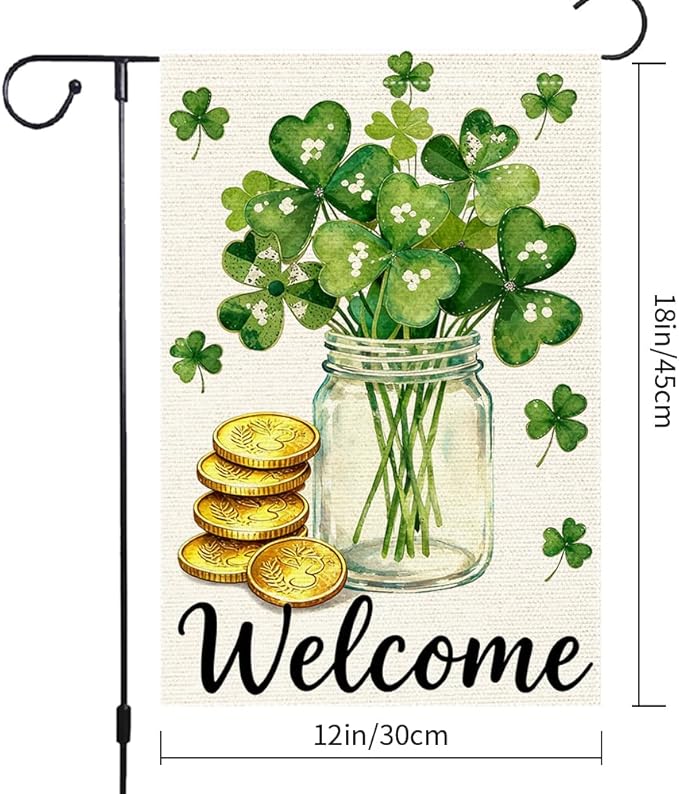 St Patrick's Day Garden Flag 12x18 Inch Double Sided Burlap Flag Welcome Shamrock Mason Jar Gold Coins Outdoor Decor for Yard Patio Irish Festival Decorations