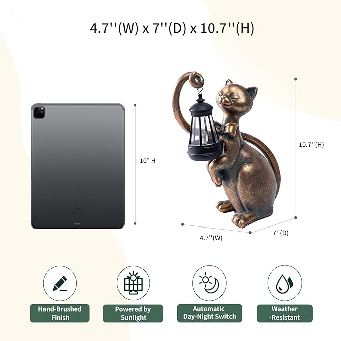 WHIMSYNOOK 10.7" Bronze Cat Garden Statue with Solar Light – Outdoor Yard & Lawn Décor, Charming Cat Figurine Gift for Mom & Cat Lovers