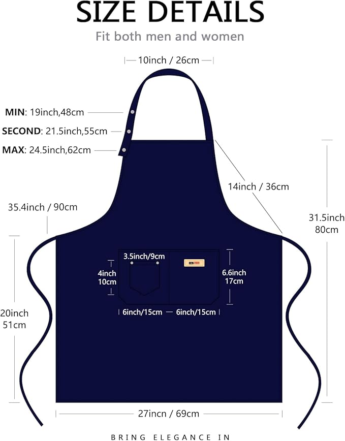 Adjustable Button Apron for Women Men Artist Painting Pottery Garden Cooking Kitchen Chef 3 Pockets Waterproof M-XXL