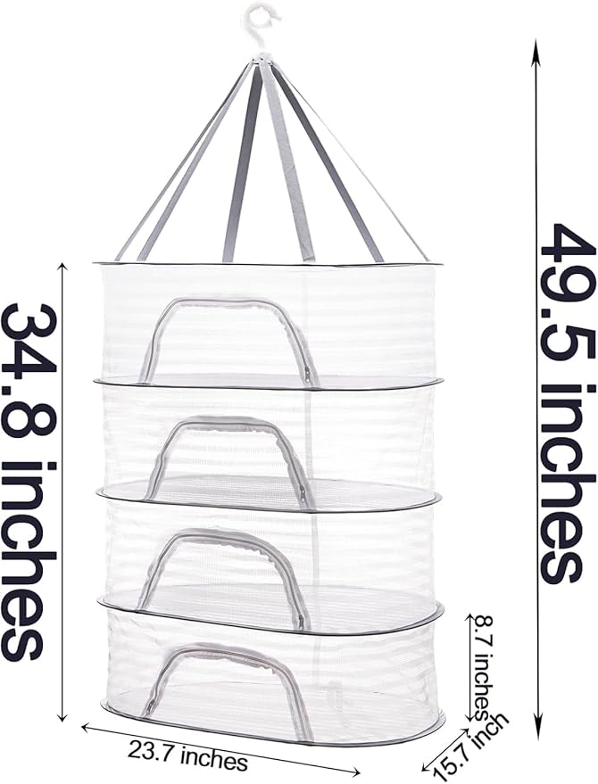 Coloch 4 Layer Herb Drying Rack with Zipper, Hanging Mesh Net Collapsible Food Drying Fish Net Hanging Basket Dryer Net for Seeds, Buds, Fruits, Vegetables, Herbs, Fish, Clothes, Doll