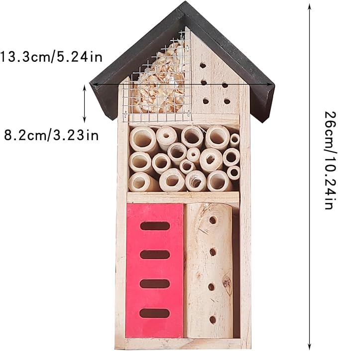Insect Hotel Hanging Bee House Wooden Insect House, Natural Habitat for Beneficial Bees, Bugs, Butterflys, Ladybirds Garden Yard Home