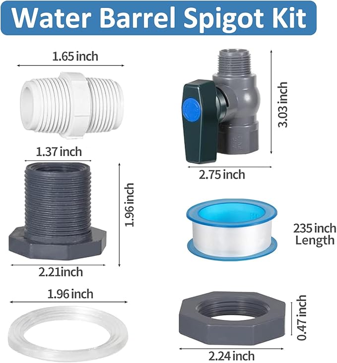 4 Pack Rain Barrel Spigot Kit with PVC Bulkhead Fitting Water Barrel Spigot Garden Hose Bulkhead Fitting with Hose Faucet Adapter and Thread Seal Tape for Garden,Aquariums,Water Tanks,Tubs,Pool