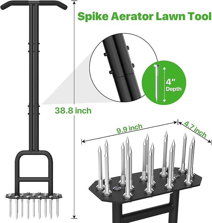 Lawn Aerator Spike Aeration Tool, Manual Air Aerator Tool for Lawn with Iron 18 Spikes, 38.8 Inch Hand Aerator for Grass, Yard, Heavy Duty Lawn Aerating Tool with Double-Pipe Handle, T-Grip, Black