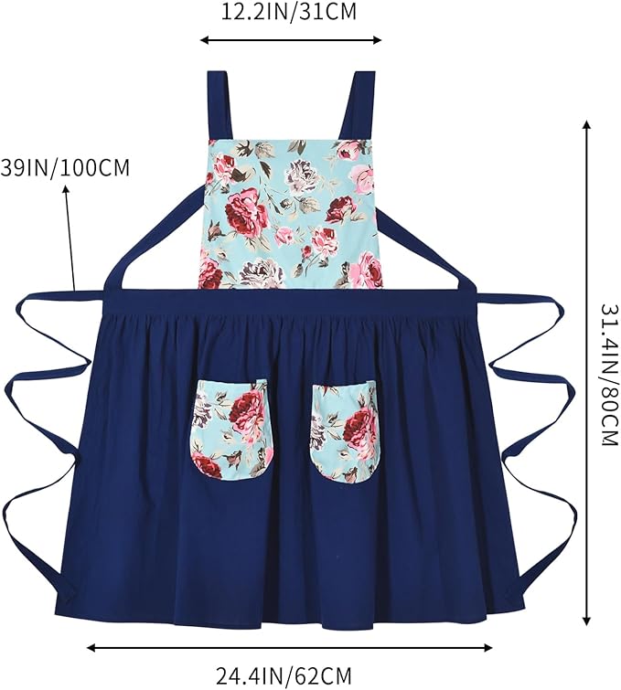 Vintage Pinafore Apron Dress for Women with Pockets Cute Floral Chef Aprons for Kitchen Cooking Baking Gardening