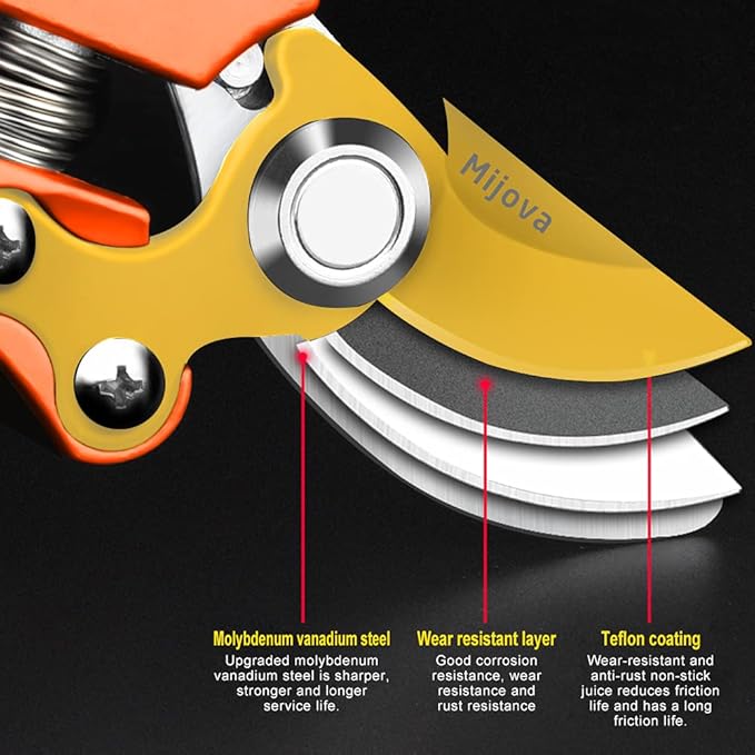Garden Shears, Sharp Japanese SK5 Steel Blade Effortlessly Prunes 1/4" Branches, Hand Pruners Heavy Duty Professional Bypass, Garden Scissors & Flower Trimmers (golden)