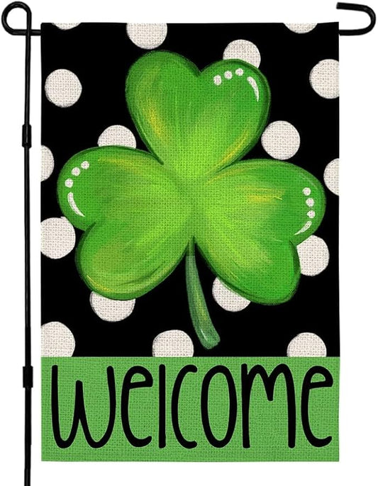 CROWNED BEAUTY St Patricks Day Shamrock Garden Flag 12×18 Inch Double Sided Green Clover Small Burlap Welcome Polka Dots Holiday Yard Flag for Outside
