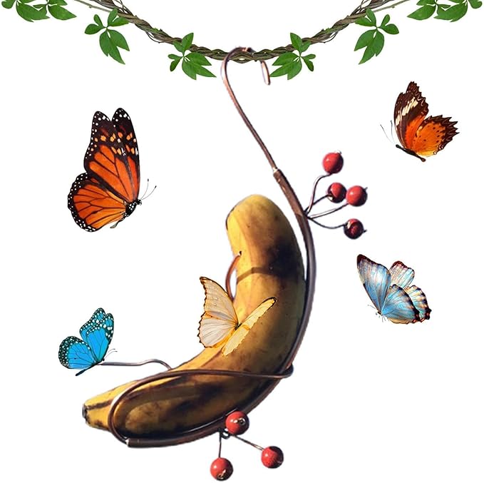 Butterfly Feeders Butterfly Hummingbird Feeder for Outdoor,Mini Hanging Butterfly Banana Feeder, Copper Vine Sturdy Banana Holder, Attract Butterflies, Bees and Birds to Your Garden (1)