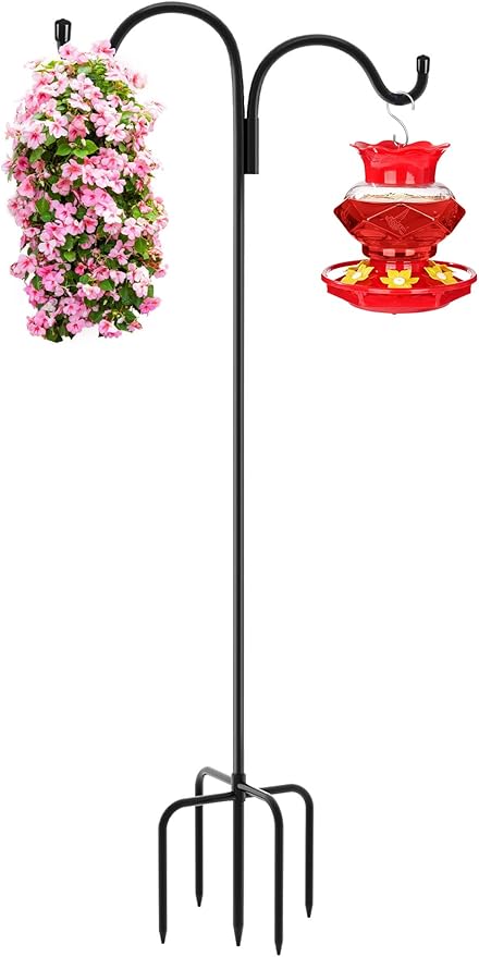 Gtongoko Double Shepherds Hook for Outdoor, 60 Inch Bird Feeder Pole with 5 Prongs Base, 5/8 Inch Thick Heavy Duty Adjustable Garden Hook for Hanging Plant, Lantern, Hummingbird Feeder, 1 Pack