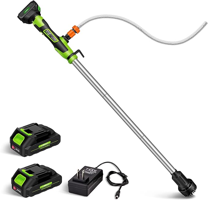 Cordless Stick Water Transfer Pump, Battery Powered Portable Stick Utility Pump with 2x2000mAh 21V Battery，720GPH, 33FT Head，3/4" Outlet for Gardens, Ponds, Boats, RVs, Underground Garages