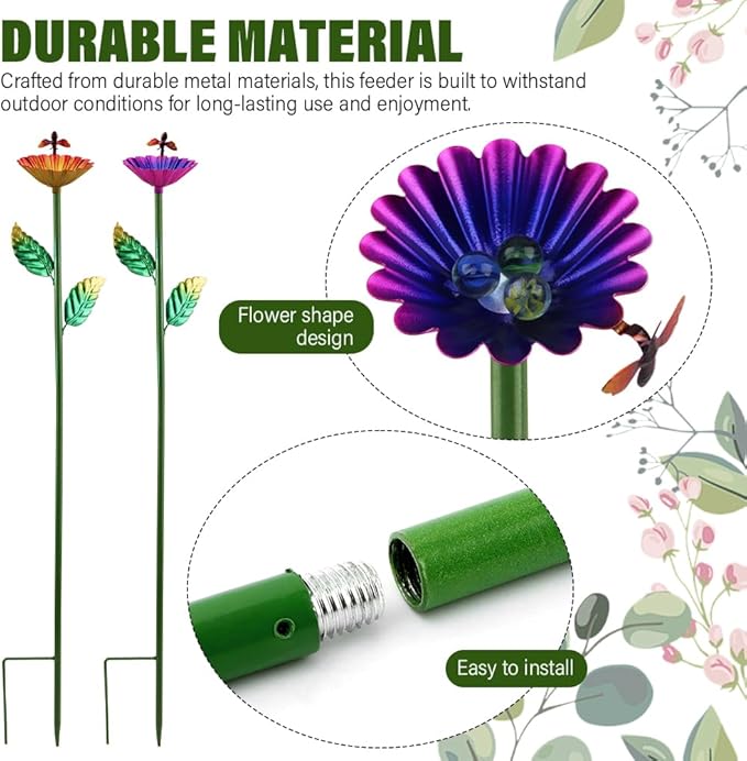 Bee Watering Station,4 Packs Metal Bee Water Feeder for Garden with 16 Glass Marbles, Butterfly Feeder Yard Decor, Outdoor Colorful Flower Design to Attract Pollinators
