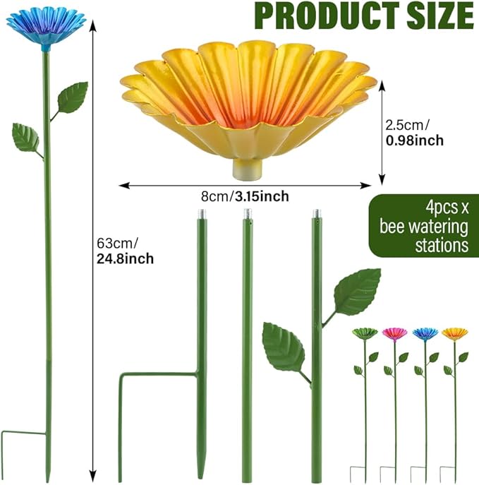 4 Pcs Metal Bee Watering Station, Flower Design Bee Feeder & Butterfly Bath Bowl, Colorful Outdoor Garden Decor for Yard, Patio, Lawn