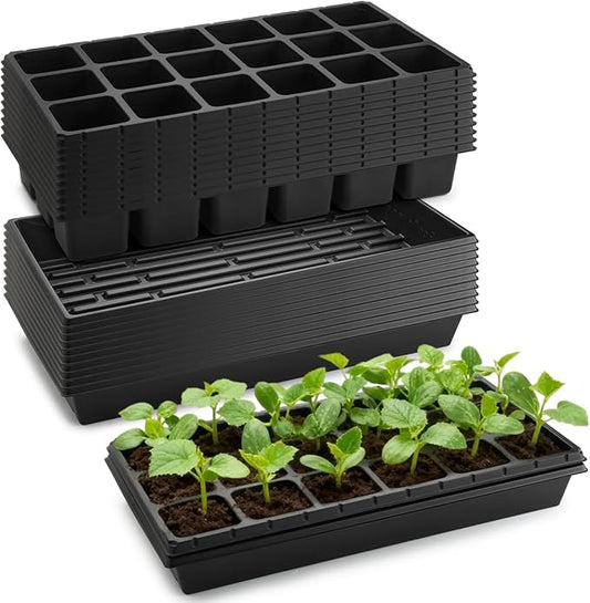 10 Pack 3 Inch Square Pots 2.9" Deep 18 Big Cell Seedling Trays with 10 Pack Water Collection Nursery 1020 Trays No Holes for Seeds Starting and Transplanting (20"x10",10 Sets)