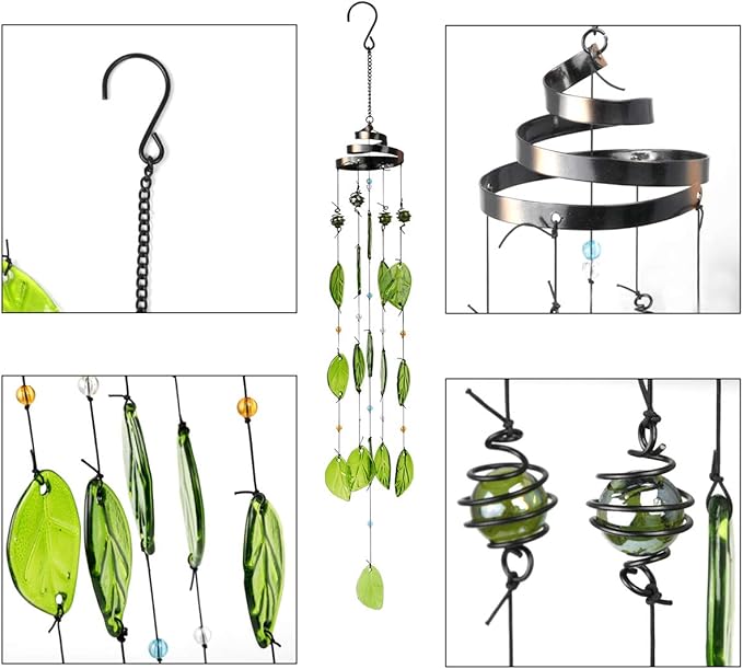 Vindar Wind Chimes, Glass Leaves Wind Chimes Outdoor Decor Handmade 32" Garden Chimes for Home, Patio, Backyard Decor Indoor and Outdoor Decor