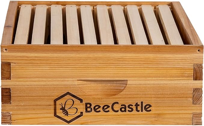 BeeCastle 10 Frame Medium Super Bee Hive Box, Langstroth Honey Bee Hive Dipped in 100% Beeswax Include Beehive Frames and Wax Foundations (Unassembled)