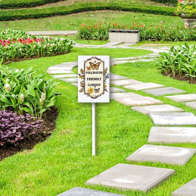 Uptell Aluminium Yard Sign Pollinator Friendly Garden Sign 8x12inch Outdoor Natural Retro Metal Signs Yard Grass Lawn Art And 12.8" Stake Kit