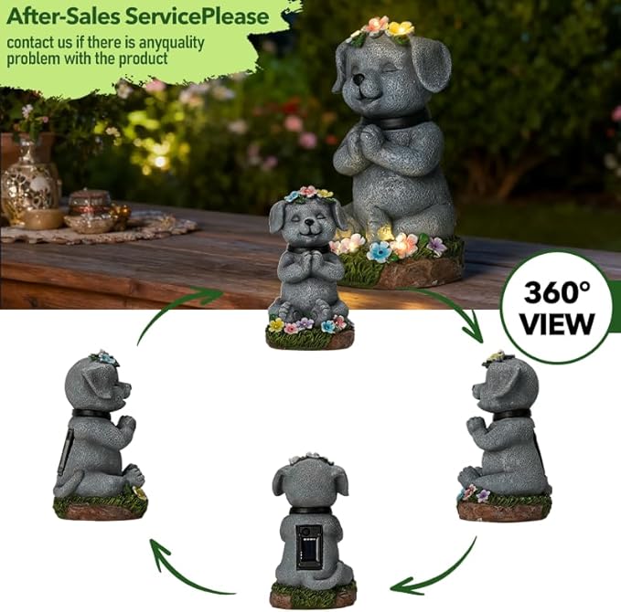 Solar Dog Figurine Garden Decor with LED Lights - Solar Powered Outdoor Statue for Yard, Patio, Lawn - Waterproof Animal Decor