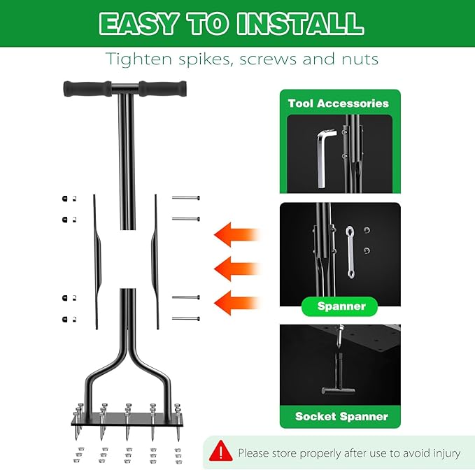 Lawn Aerator Spike Manual Tool with 15 Iron Spikes, Garden Grass Aeration Tools Hand Air Aerator & Clean Tool for Aerating Lawns & Yard Care, Loosening Soil, 36”