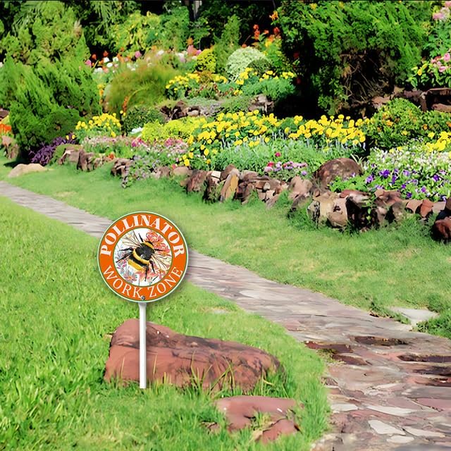 Kurmntregon Pollinator Work Zone Garden Sign Pollinators Friendly Yard Sign Bees Butterflies Round 9.2inch Rustproof Aluminium Home Farm Garden Porch Decor Outside Outdoor Lawn