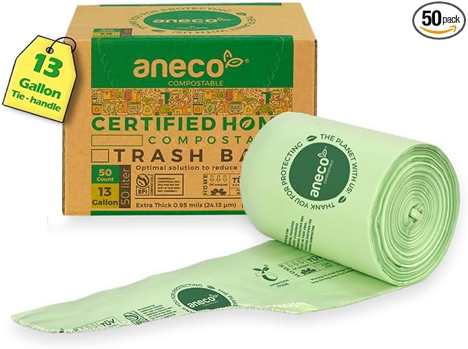 ANECO Compostable Food Waste Bags 13 Gallon, 50 Count, Extra Thick Kitchen Compost Bags With Handles, Large Compostable Bags for Tall Kitchen Bin