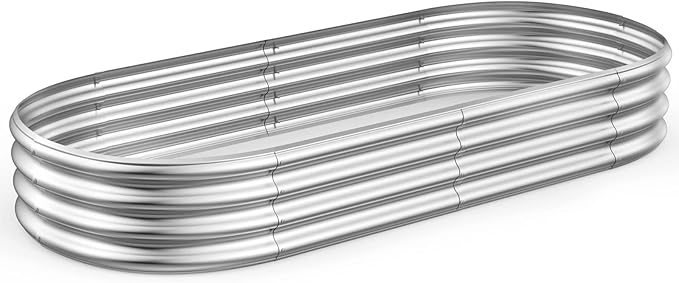 Raised Garden Bed GRS Certified Galvanized Planter Box Outdoor , 6.5ft Oval Rot-Resistant Metal Garden Bed Planter, Recycled Eco-Friendly Material Planter for Vegetables Flowers Herbs (Silver)