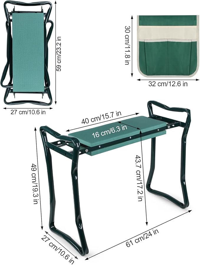 Foldable Garden Kneeler and Seat, Gardening Bench for Kneeling and Sitting Garden Stools, Garden Helper Seat with Tool Pocket, Eva Soft Foam Pad for Kneeling and Seating, Lightweight Frame