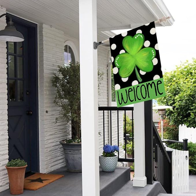 CROWNED BEAUTY St Patricks Day House Flag 28×40 Inch Double Sided Green Shamrock Clover Welcome Big Outside Vertical Holiday Yard Decor CF356-40