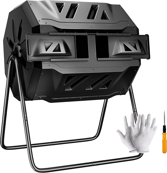 43 Gallon Large Composting Tumbler Dual Chamber Outdoor Garden Rotating Compost Bin Tumbling Composter with Sliding Door,Black