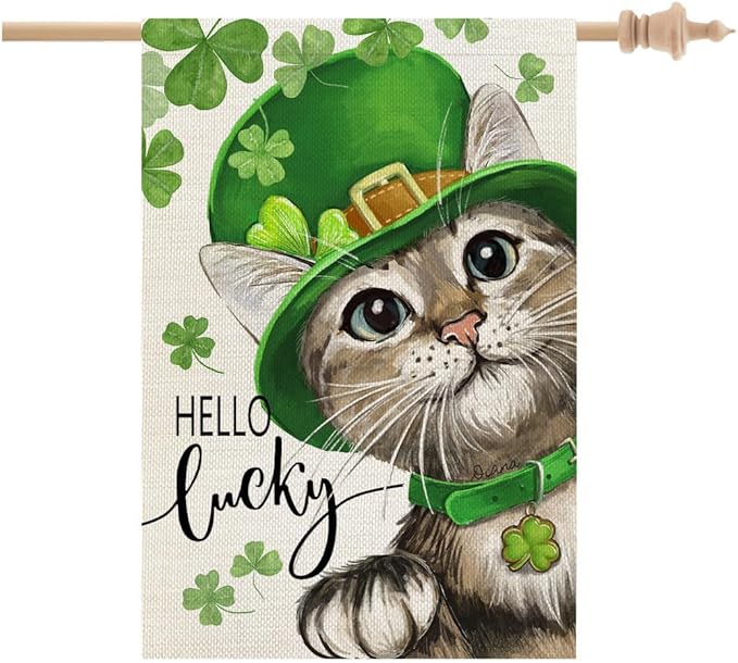 CROWNED BEAUTY St Patricks Day Cat House Flag 28x40 Inch Double Sided Large Burlap Holiday Flag for Outside Yard