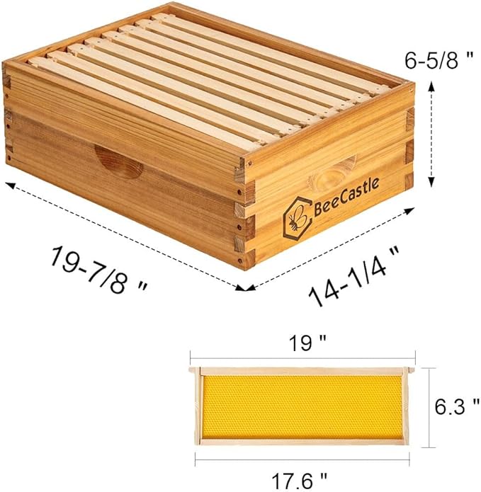 BeeCastle 8 Frame Medium Super Bee Hive Box, Langstroth Honey Bee Hive Dipped in 100% Beeswax Include Beehive Frames and Wax Foundations (Unassembled)
