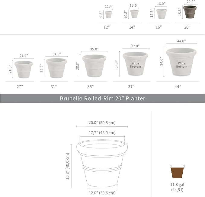 Crescent Garden Brunello Classic Rolled Rim Planter Pot, Indoor/Outdoor Plastic Round Plant Pot - Resin Decorative Flower Pot - 20'' (Rust)