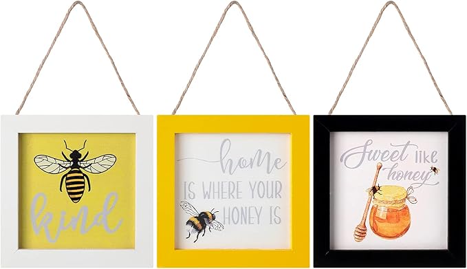 Jetec 3 Pieces Bee Hanging Signs Wall Art Wood Hanging Bee wall Decor Farmhouse Tiered Tray Decorations for Table Kitchen Signs Home Office