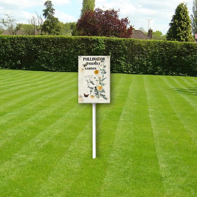 Uptell Aluminium Yard Sign Pollinator Friendly Garden Sign 8x12inch Outdoor Natural Retro Metal Signs Yard Grass Lawn Art And 12.8" Stake Kit