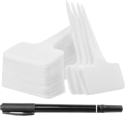 Whaline 100 Pcs Plastic Plant Labels White T-Type Garden Stake Tags Waterproof Plant Markers Reusable Plant Signs for Outdoor Indoor Nursery Potted Plants Seed with A Black Marker Pen (6 x 10 cm)