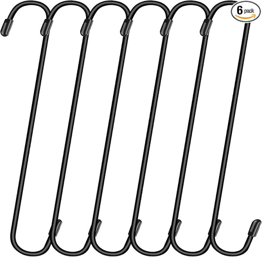 6 Pack 10 Inch Large S Hooks for Hanging Plants,Black Extra Matel Heavy Duty Hook for Hang Brsket,Bird House,Clothes,Kitchenware