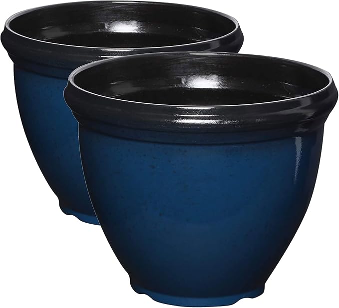 Southern Patio Heritage Planter, 12-Inch Outdoor Round Planter Pot, Light Resin Pot for Porch or Patio Use, Monaco Blue, (Size/Dimensions), 2 Pack