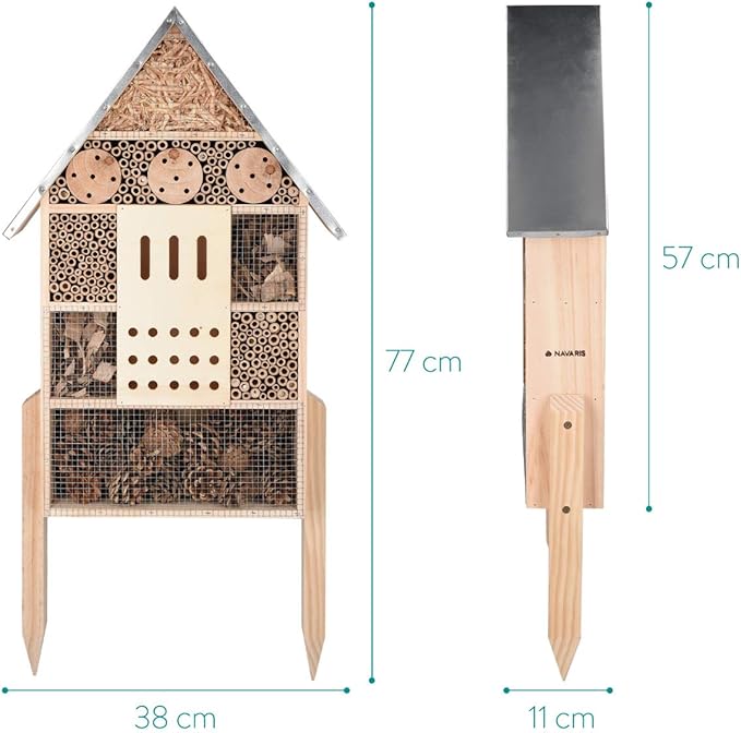 Navaris Insect House with Stakes - Extra Large Wooden Bug Hotel 22.4" H x 15" W - Bee, Butterfly, Ladybug Natural Nesting Habitat for Garden and Yard