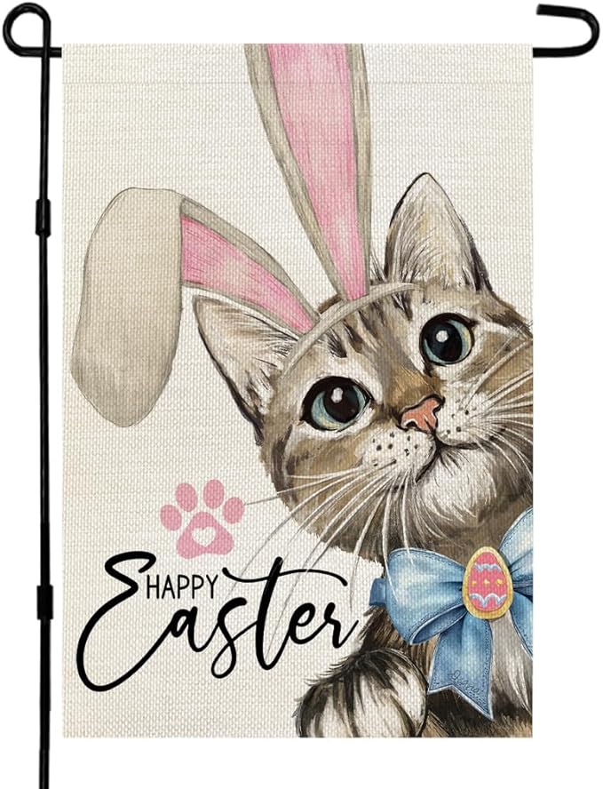 CROWNED BEAUTY Happy Easter Cat Garden Flag 12x18 Inch Double Sided for Outside Small Burlap Rabbit Ear Holiday Yard Decoration CF1729-12