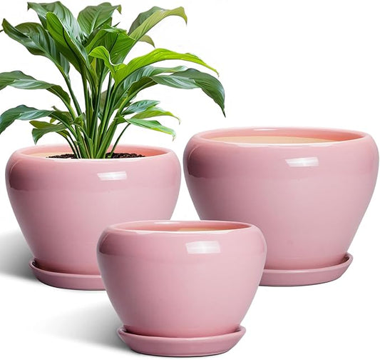 Ceramic Planters, 10+8+6 Inch Ceramic Plant Pots with Drainage Holes and Saucers, Flower Pots for Indoor Outdoor Plants, Modern Round Planter, Office Decor, Plant Lover Gifts, Set of 3, Pink