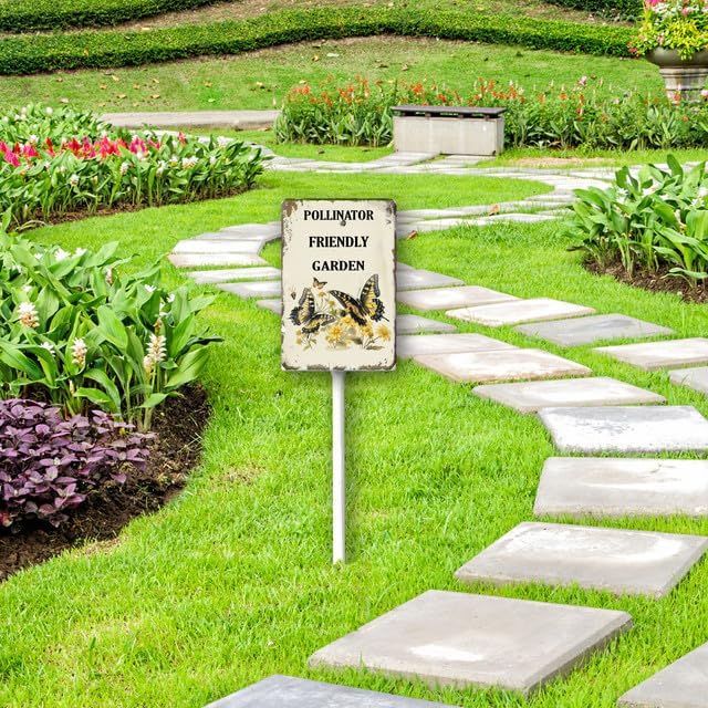 Uptell Aluminium Yard Sign Pollinator Friendly Garden Sign 8x12inch Outdoor Natural Retro Metal Signs Yard Grass Lawn Art And 12.8" Stake Kit